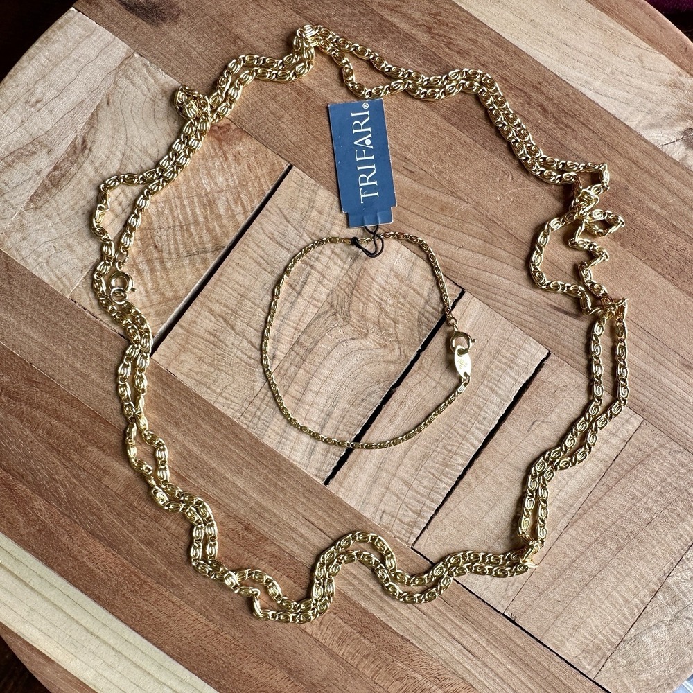 VTG Crown Trifari Paper Clip Chain Long Necklace 50 Inch Bracelet Set Gold Plate - Picture 2 of 10